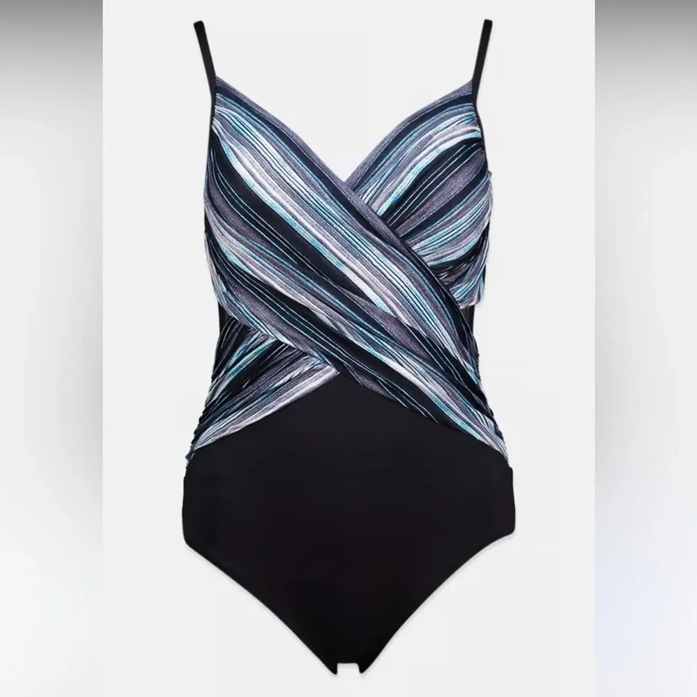 Coco Reef NEW Blue Grotto Sterling V Neck Striped Swimsuit Size 8/32 C/D - Picture 1 of 12